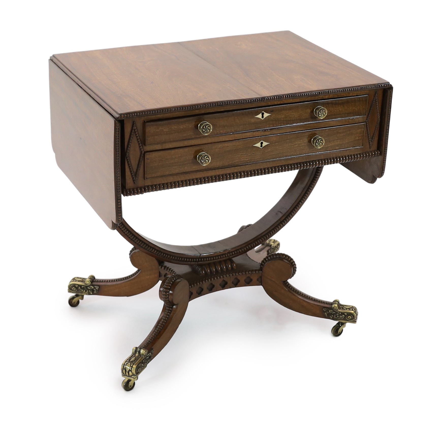 A Regency mahogany drop leaf work table, width extended 122cm, depth 50cm, height 71cm